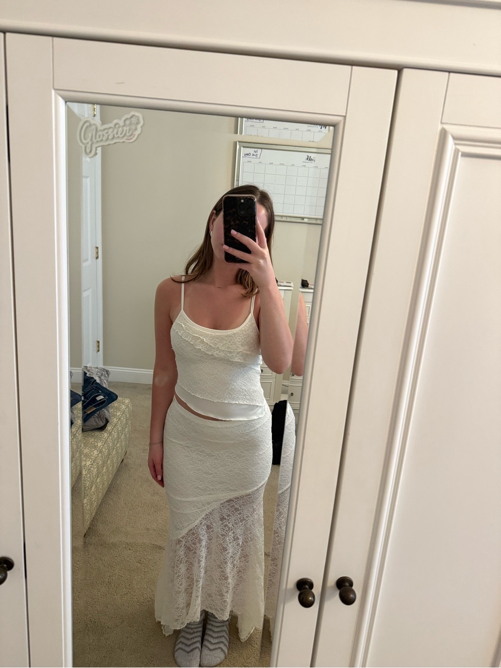 SHEIN White Lace Crop Top and Skirt Set